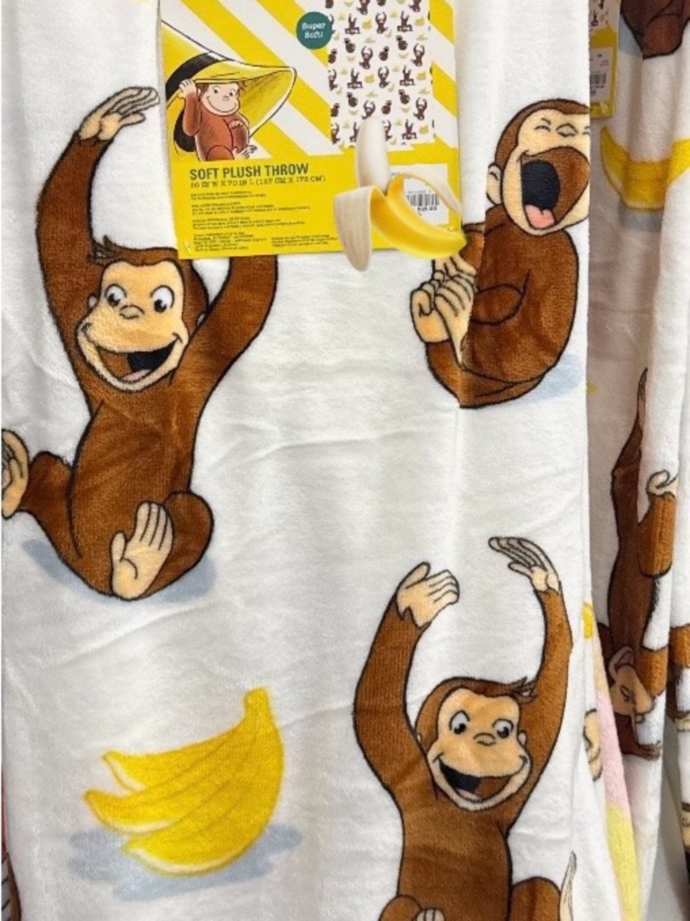 Curious George Monkey Plush Throw Blanket - White, Brown & Yellow